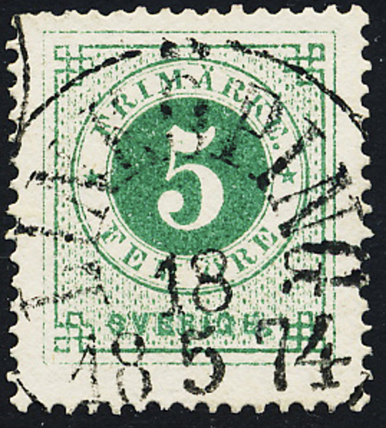 19c 5 öre smaragdgrön Ringtyp t.14 LINKÖPING 18.5.1874