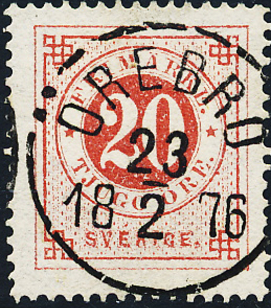 22c 20 öre röd Ringtyp t14 ÖREBRO 23.2.1876 Praktexemplar