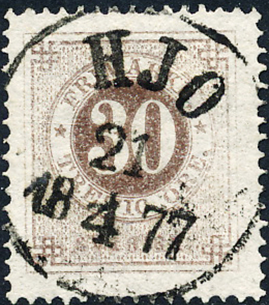 25i 30 öre gråakt brun Ringtyp HJO 21.4.1877 Prakt