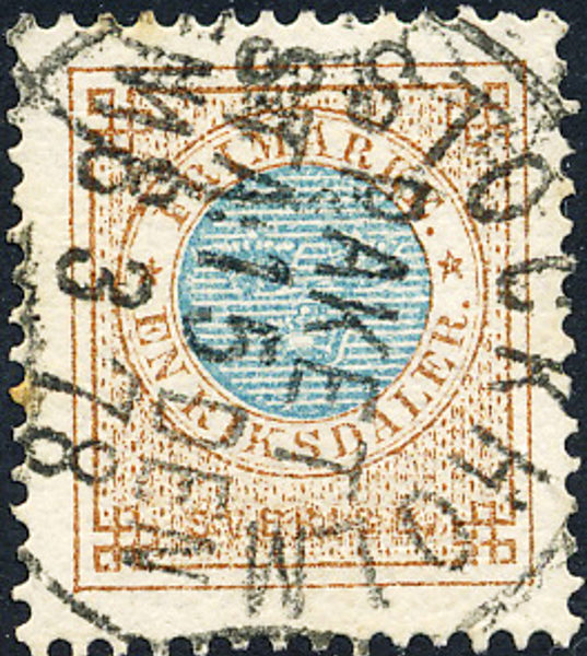 F37 1 Rd Ringtyp t13 brun/blå STOCKHOLM PAKET STADEN 15.3.1878
