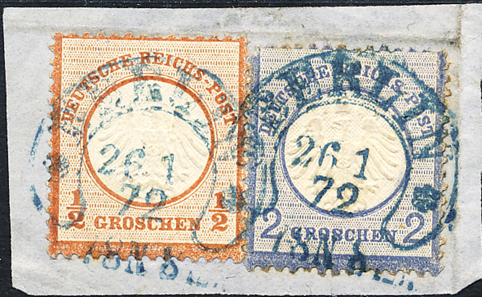 TYSKLAND Riket Mi 2+5 på brevklipp stämplat BERLIN första månaden (blå)