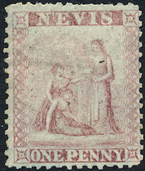 NEVIS Mi 1 1861 Medicinal Spring, One Penny rosaröd t. 13 ostämplat ex på blåaktigt papper