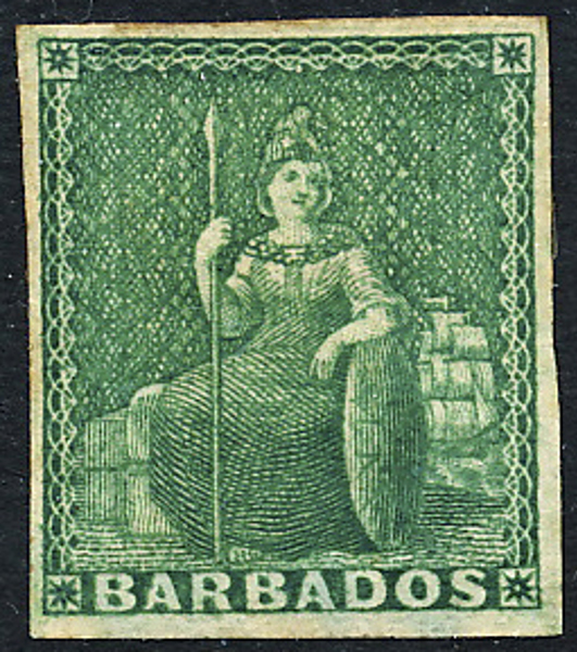 BARBADOS Mi 1 (1852) Sittande Brittania 1/2 P mörkgrön ostämplat ex med goda marginaler