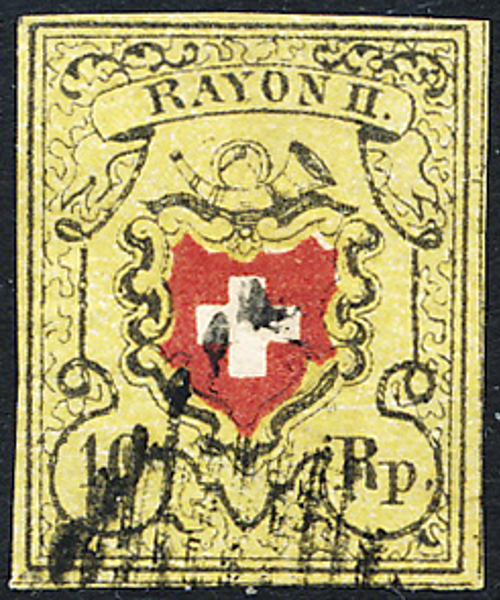 SCHWEIZ Mi 8 II Ravon II 10 Rp, stämplat svart/orangeröd på gult papper