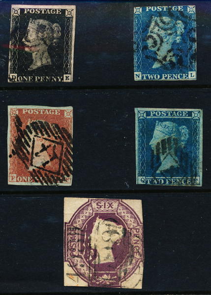 ENGLAND Mi 1 - 5 Drottning Viktoria, de fem första frimärkena