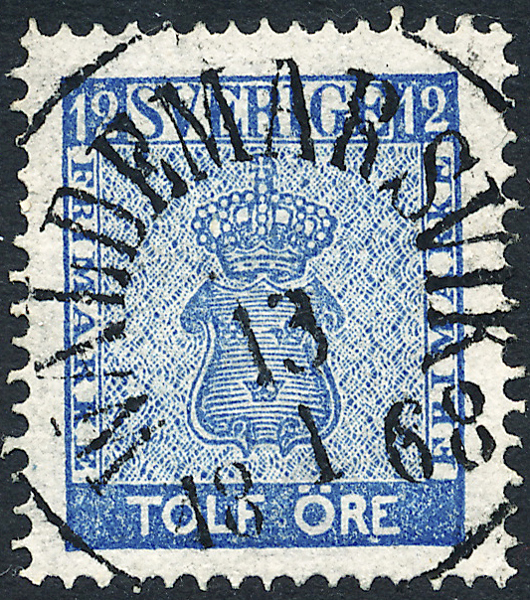 F9c3 Vapen 12 öre blå WALDEMARSVIK 13.1.1868  Prakt/Lyx