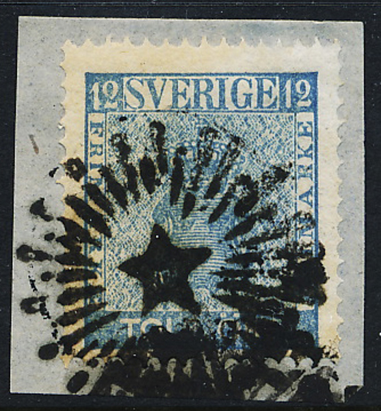F9d  Vapen 12 öre ljusblå på klipp med stjärnstämpel för Stockholms lokalpost