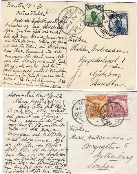 Två vykort från Kina till Sverige stämplat Canton 1922 resp. 1931