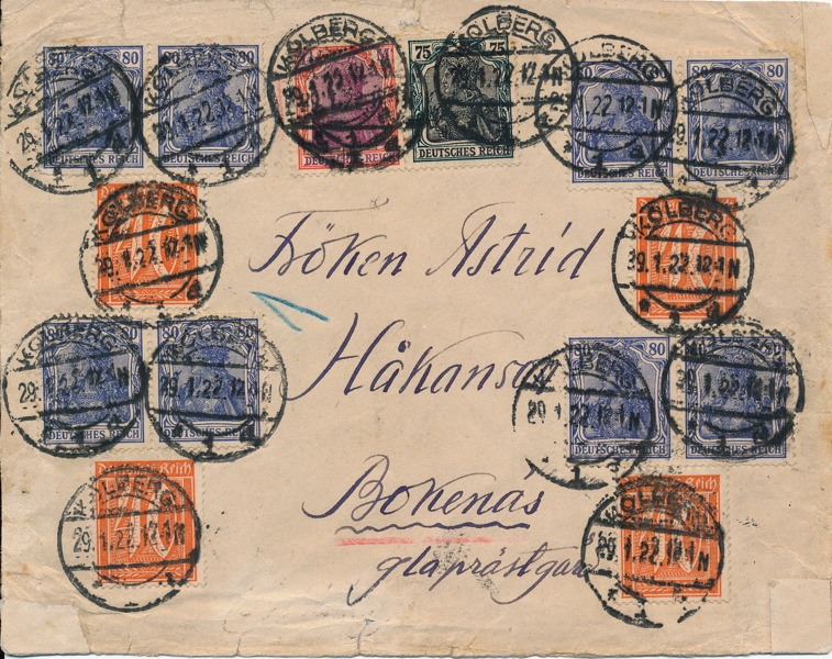 TYSKLAND Inflationsbrev 1922 från Kolberg (numer i Polen) till Bollnäs