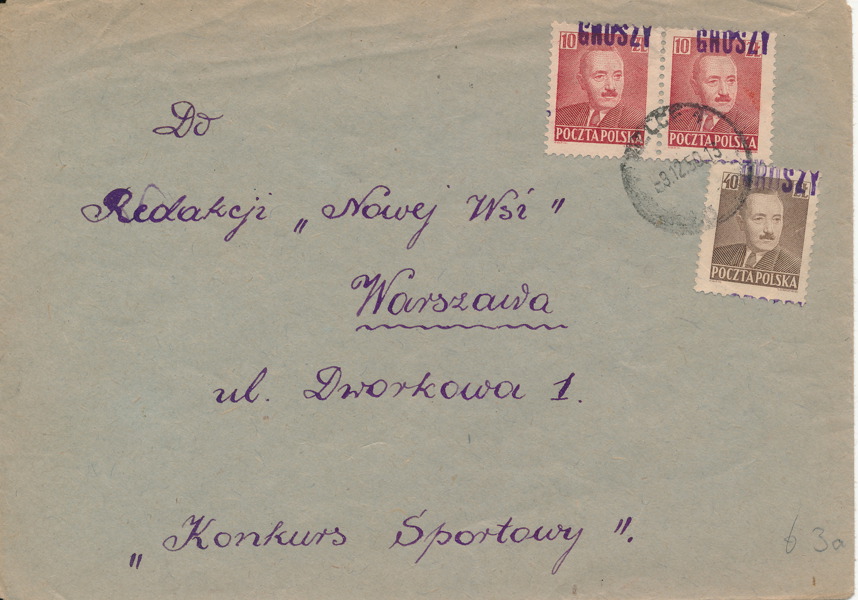POLEN 1950 Inrikesbrev med märken som vid valutareformen stämplats GROSZY