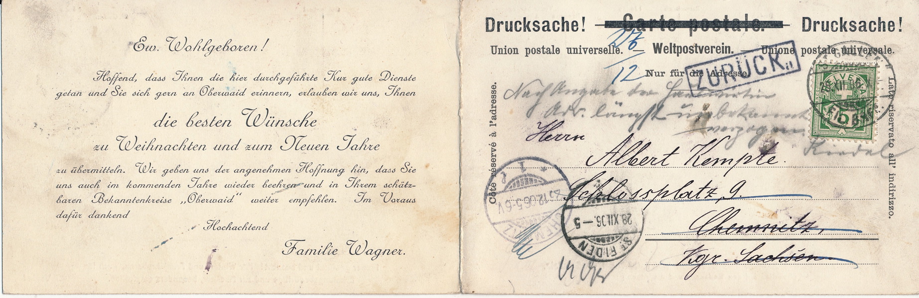 SCHWEIZ Mi 84 5 (C) grön på Reklamtrycksak (vikbar) för Oberwaid Sanatorium nära St Gallen 1906. Stämplat ST GALLE25.VII.06 FIL BRFE samt flera transit.