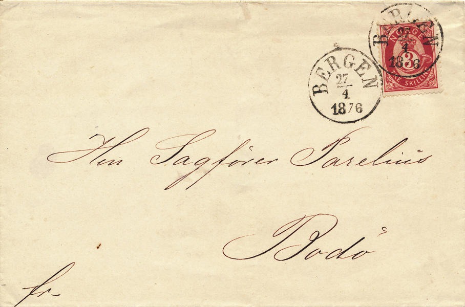 NORGE F18 3 skilling karmin på brevomslag till Bodö stämplat BERGEN 27.4.1876