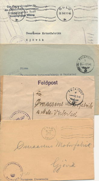 NORGE Fyra tyska tjänstenbrev i Norge från andra världskriget varav två tyska FELDPOST