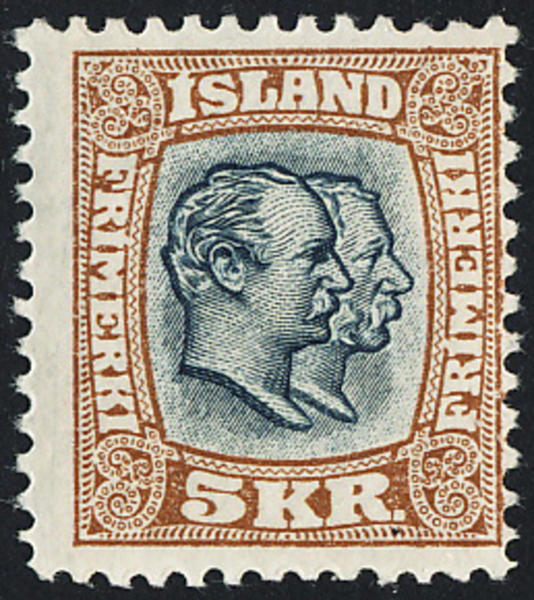 ISLAND F90 Två kungar 5 kr blågrå/brun postfriskt exemplar