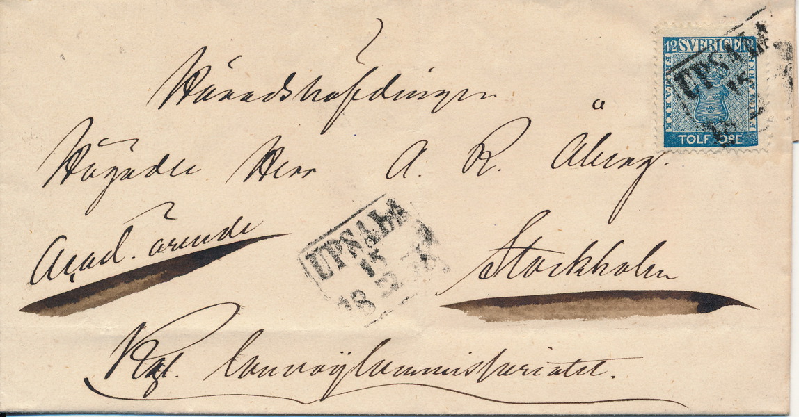 F9a UPSALA 15.12.1858 fyrkantstämpel brevomslag till Stockholm