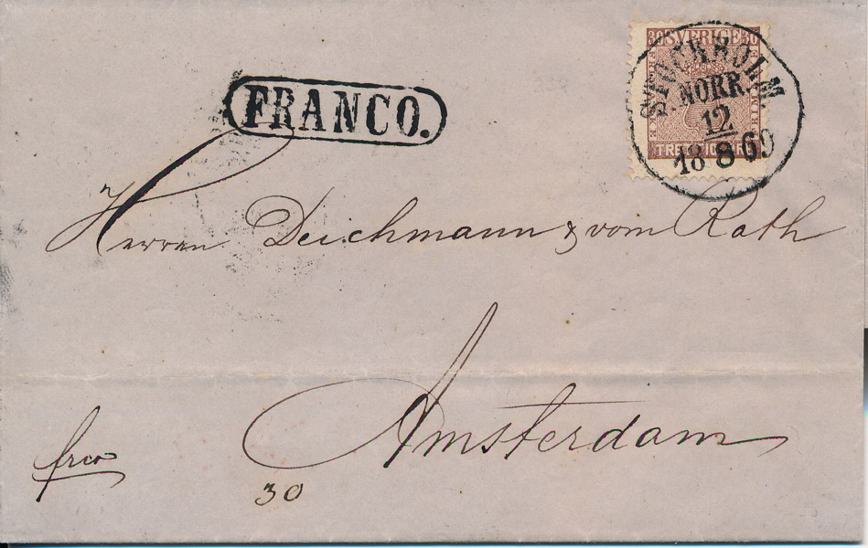 F11e2  STOCKHOLM NORR 12.8.1869 på brevomslag till Nederländerna, även stämplat med FRANCO i oval ram. Intyg HOW: Praktobjekt.