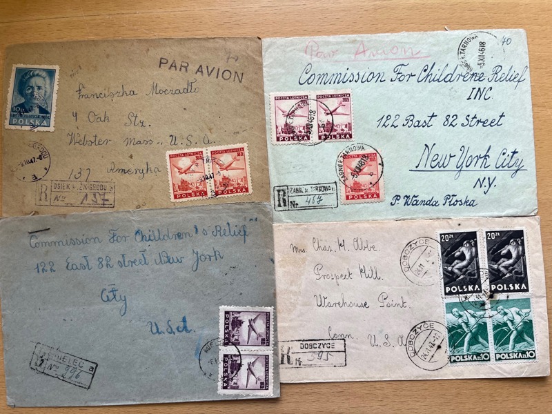 POLEN Fyra rek.brev till USA med olika frankeringar