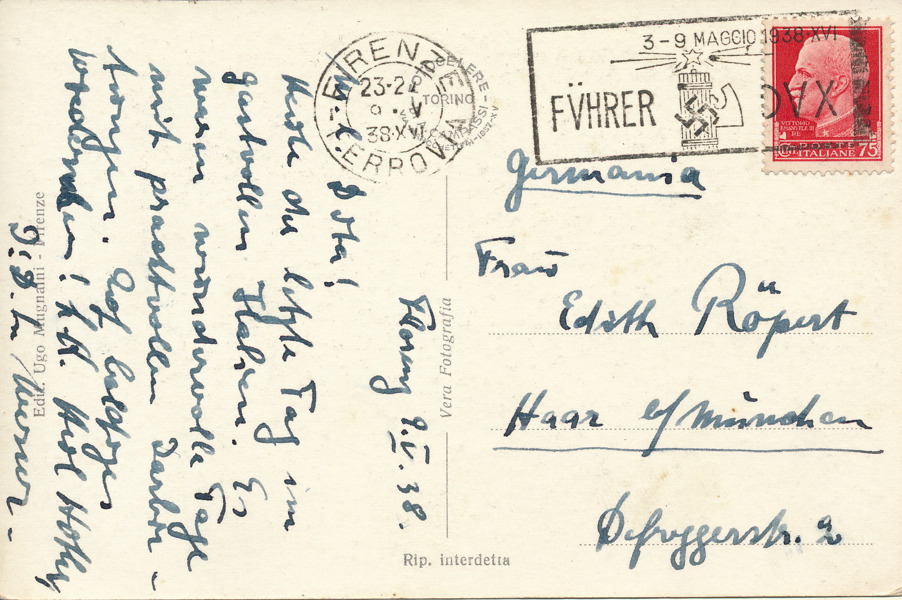 ITALIEN Vykort från Florens sänt till Tyskland 9.5.38 stämplat med minnespoststämpel