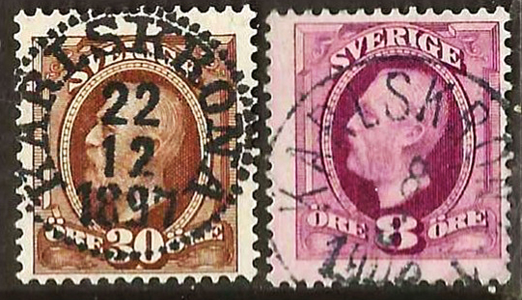 58 KARLSKRONA 22.12.1897 Prakt och 53 KARLSKRONA 1 8.3.1908(?) Postal 200