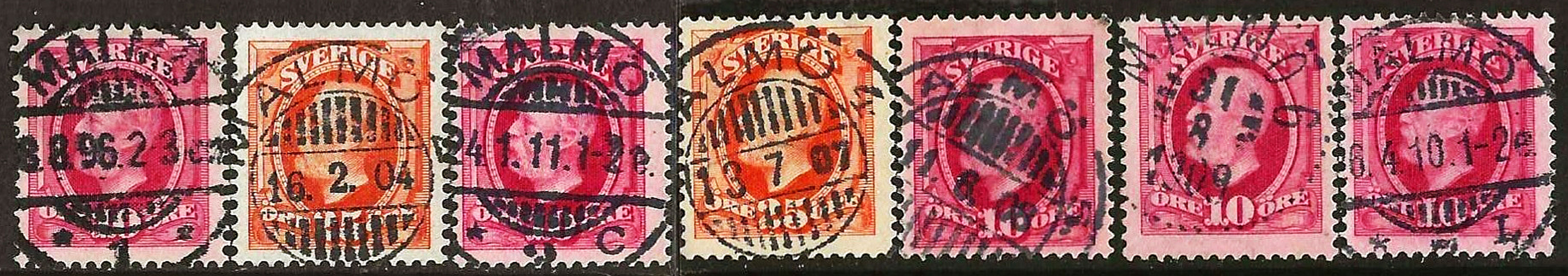 54 & 57 MALMÖ 1 - 7 med rättvända till praktstämplade