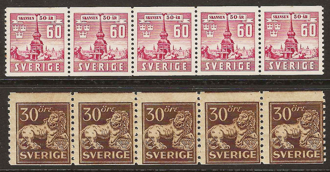 F148A & F331 30 öre St. Lejon och 60 öre Skansen i två postfriska 5-strip 