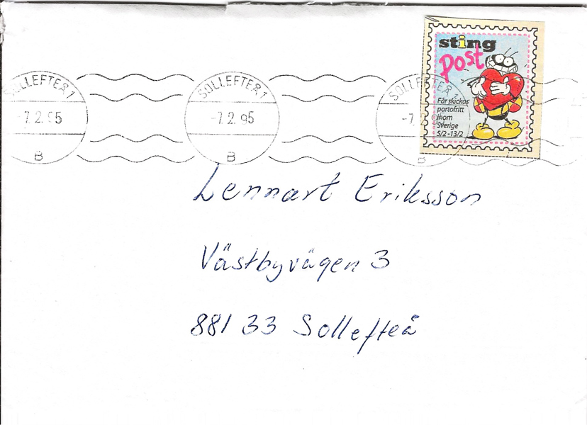 TI 3 typ I Expressen Sting-post på försändelse vackert maskinstämplat stämplat SOLLEFTEÅ 1  7.2.95 (rätt tid)