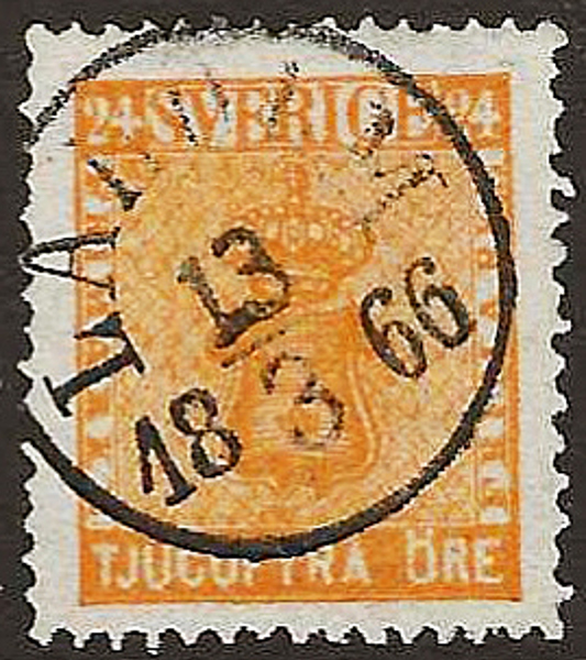F10d1  Vapen 24 öre orangegul LAHOLM 13.3.1866  Praktex