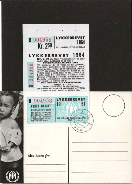 NORGE. Lykke-brevet 1964 komplett och uppsatt på det officiella vykortet från insamlingen stämplat OSLO 10.8.64. Ovanligt objekt!