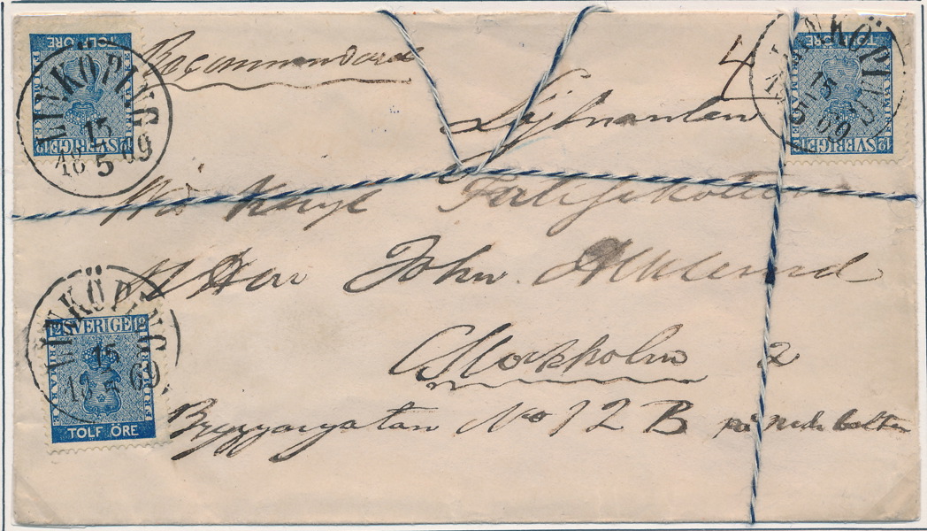 F9 x3  12 öre blå tre st frankerade på REK-brev för 36 öre stämplat LINKÖPING 15.5.1869
