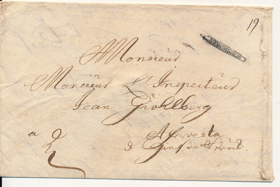 BANDAUSTÄMPEL STOCKHOLM typ 2 sänt 6 juni 1737 till Gjäsjö Bruk från Stockholm, kartering 19.