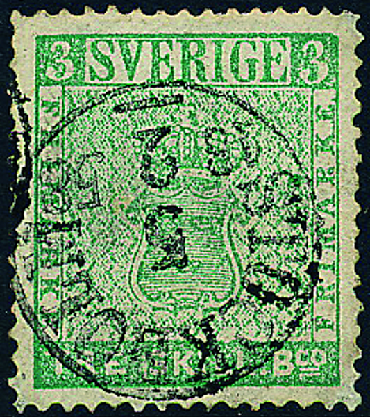 F1a 3 sk.bco Ljust blåakt. grön på vackert reparerat exemplar stämplat STOCKHOLM 5.2.1858 (intyg HOW)