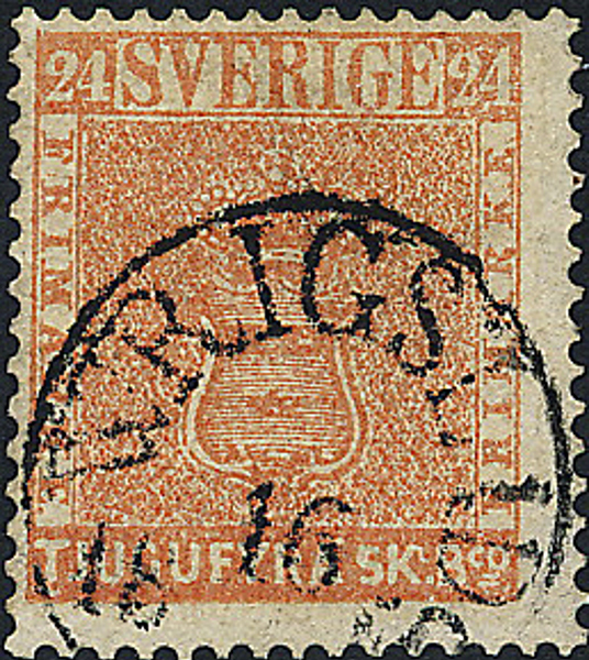 F5c 24 sk.bco. orangeaktigt röd med tätt bottentryck stämplat WRIGSTAD 16.x.1858(?) reparerat ex (HOW)