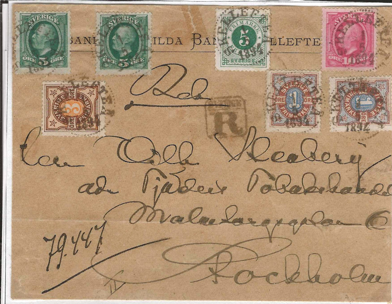 OSCAR. REK av brevframsida till Stockholm, blandfrankering för 30 öres stämplat SKELLEFTEÅ 2.5.1894. Mycket ovanlig frankeringskombination.