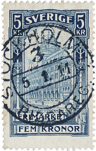 F65 5 kr blå I vackert stämplat exemplar STOCKHOLM 14 3 RIDDAREG  5.1.11
