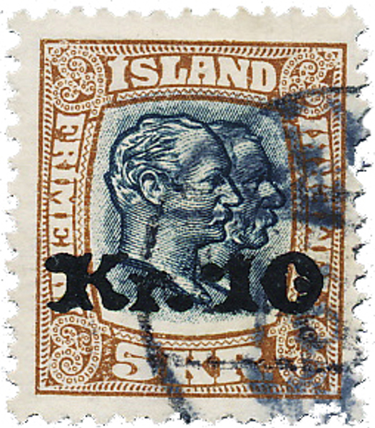 ISLAND. F107 Påtryck Kr 10 på Två kungar 5 Kr i rundstämplat ex. Kv 5000