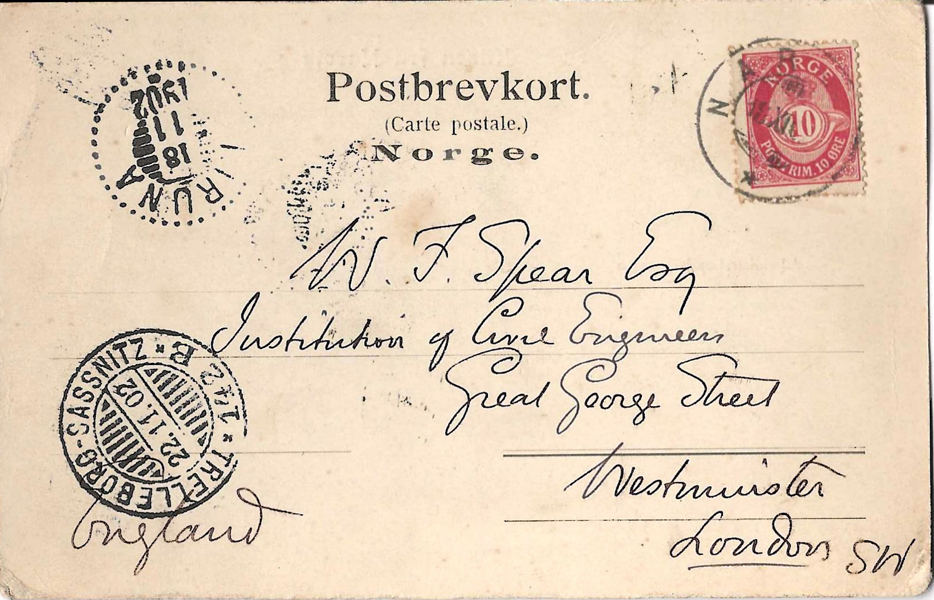 NORGE Postbrevkort (trebildskort) skickat från Narvik 18.11.1902, via Kiruna och Trelleborg-Sassnitz 142B till London