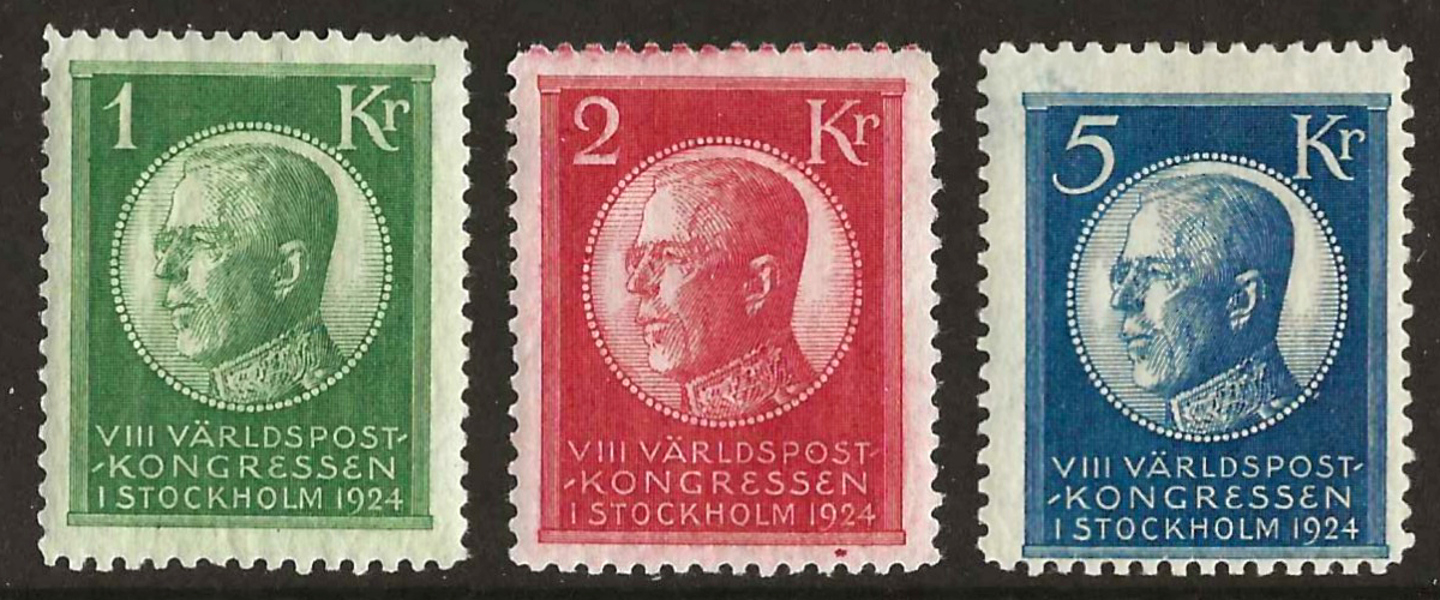 KONGRESS. Ostämplade exemplar av 1 kr (vht), 2 och 5 kr i felfri ex