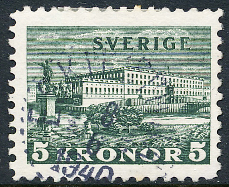 233b Slottet 5 kr mörkt blågrön på vit papper stämplat ESKILSTUNA 8.6.1940