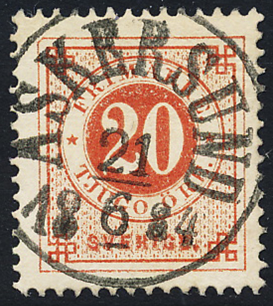 F33e 20 öre orangeröd på mjukt papper t.13. ASKERSUND 21.8.1884  Praktexemplar