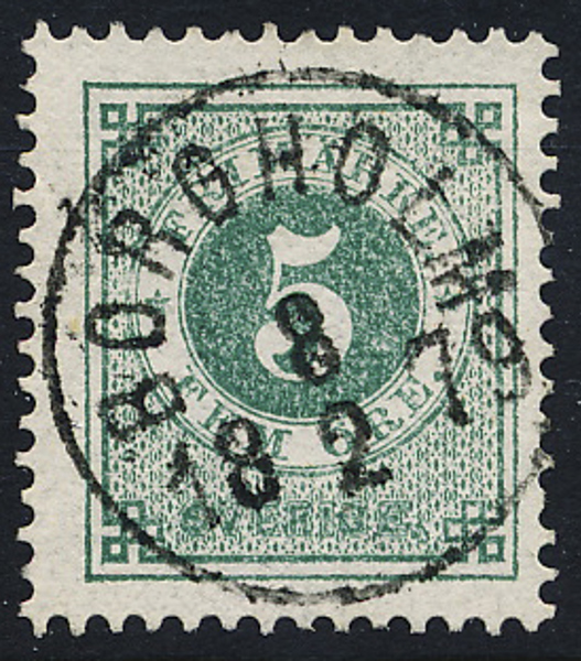 F30b 5 öre blåakt. grön t.13. BORGHOLM 8.2.1879  Praktexemplar 