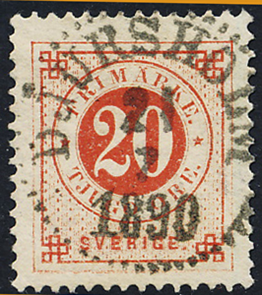 F46 20 öre röd ph  DJURSHOLM 21.7.1890  Praktexemplar