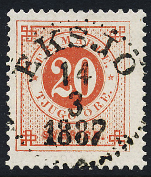 F46 20 öre röd ph  EKSJÖ 14.3.1887  Praktexemplar