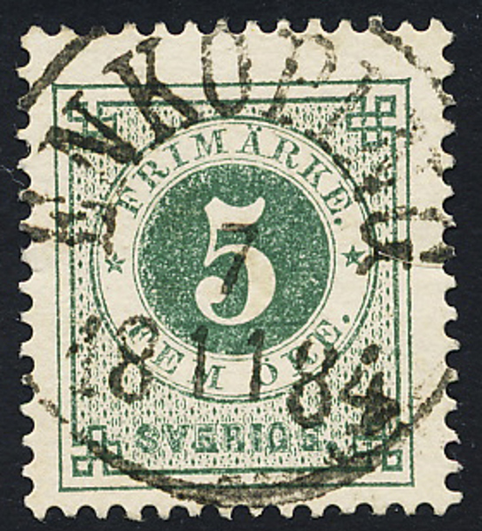 F30 5 öre grön t.13  ENKÖPING 7.11.1884