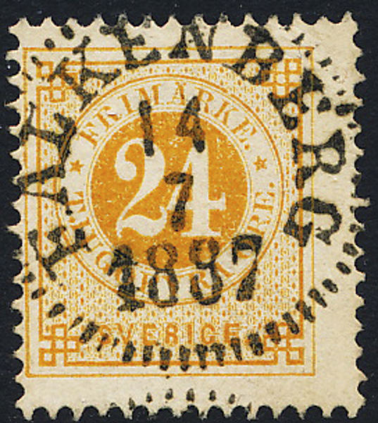 F34k 24 öre orangegul efterglättat papper t.13.  FALKENBERG 14.7.1887 