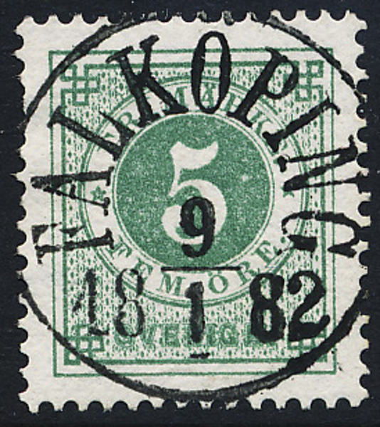 F30 5 öre grön t.13. FALKÖPING 9.1.1882  suverän lyxstämpel, kt