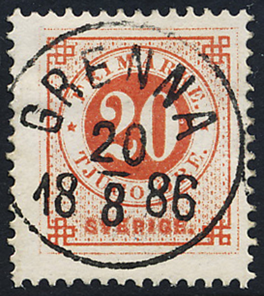 F46 20 öre röd ph GRENNA 28.8.1886