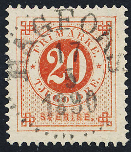 F46 20 öre röd ph HAGFÖRS 17.5.1890  Lyxexemplar