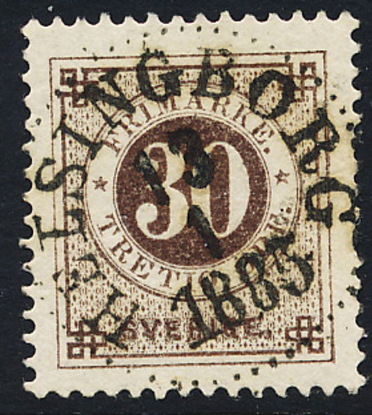 F35 30 öre brun t.13.HELSINGBORG 13.1.1885  Praktexemplar
