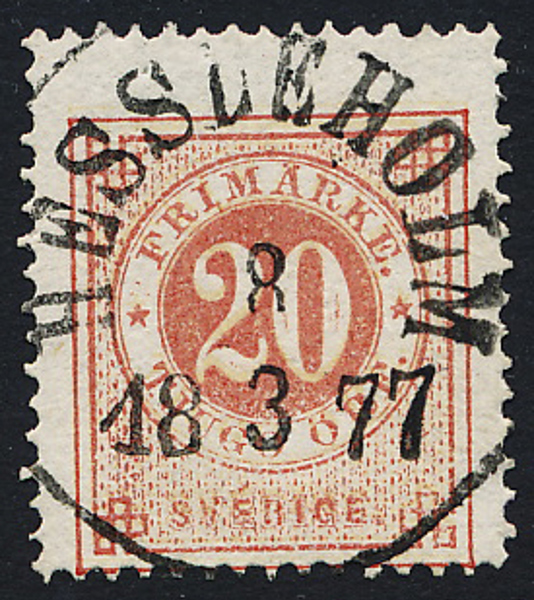  F22 20 öre röd t.14 HESSLEHOLM 8.3.1877 Lyxstämpel