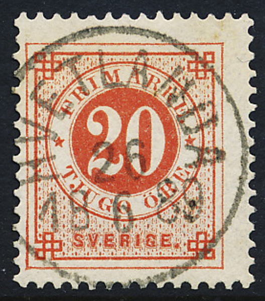 F46 20 öre röd ph  HVETLANDA 26.6.1889